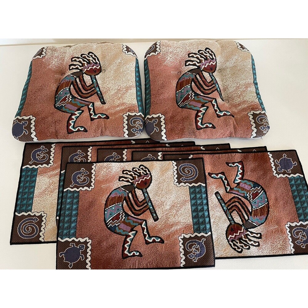 Kokopelli southwestern Dancing Flute Player 2 Seat Cushions And 6 Placemats